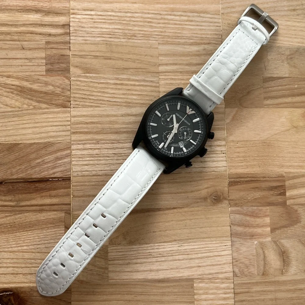 Emporio Armani Chronograph Watch Black Solid Stainless Case White Leather Strap